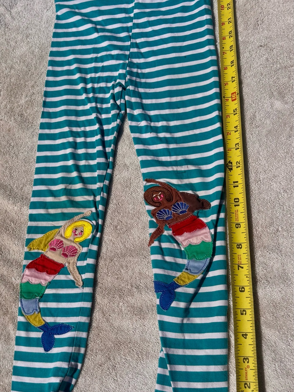 Striped Teal & White Leggings with Mermaid Appliqués